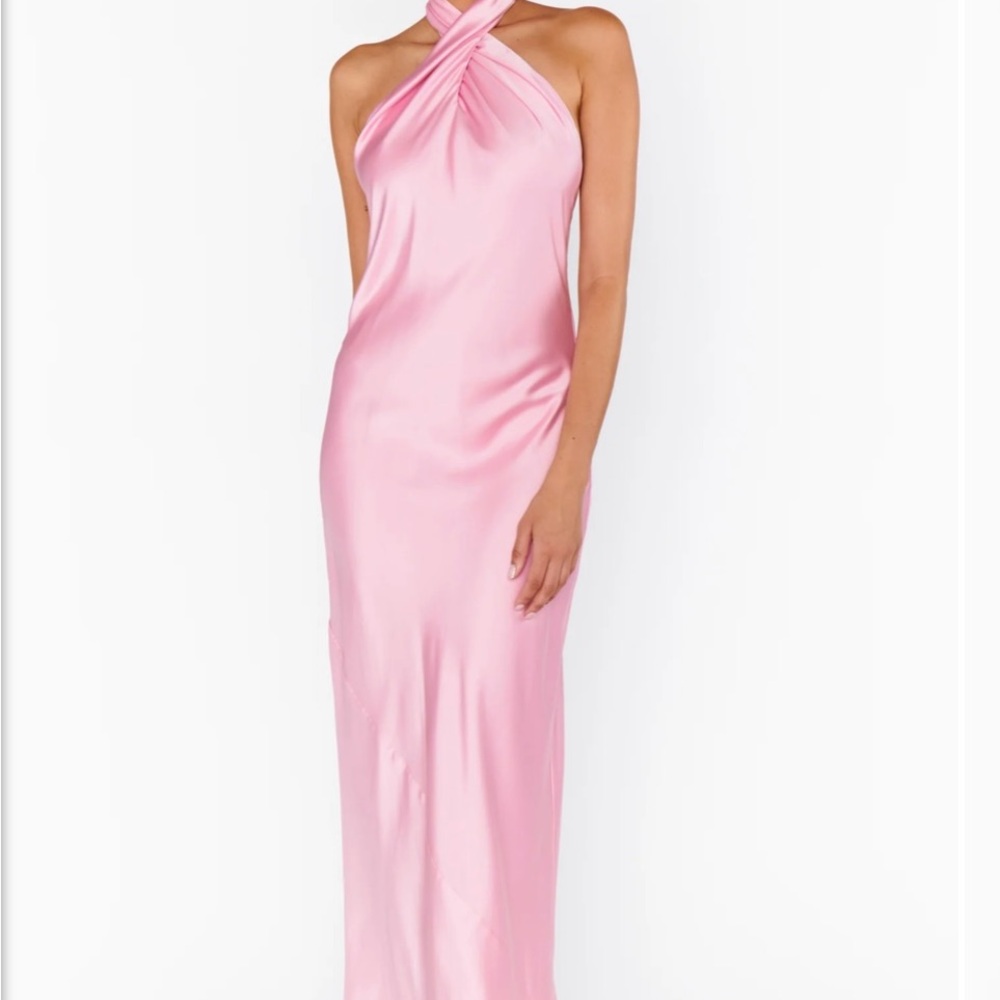 AVAILABLE - Show Me Your Mumu Jasmine Halter Maxi Dress in Light Pink Luxe Satin